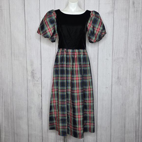 VTG 80s Lanz Originals Velvet & Tartan Christmas Dress Puff Sleeves, sz Small - Picture 1 of 7